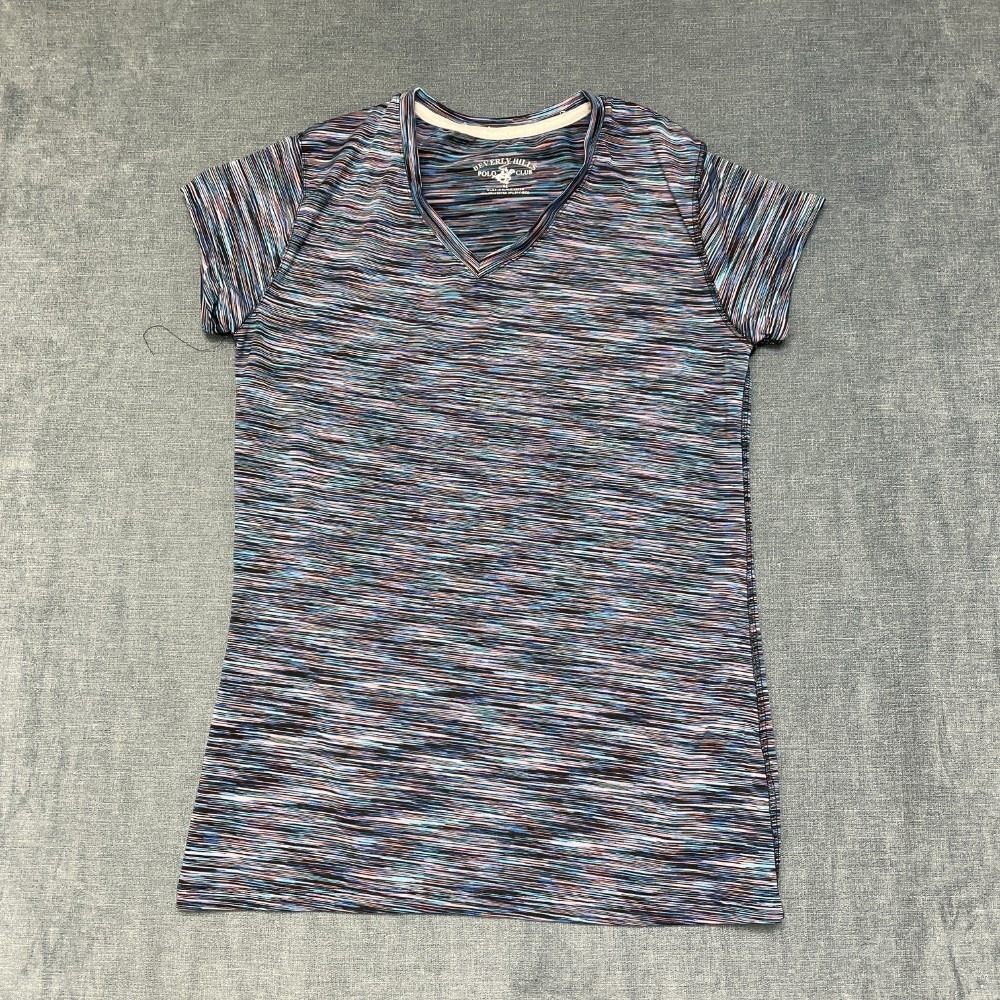 Beverly Hills Polo Club T Shirt Womens Medium Multi Striped Short Sleeve V-Neck